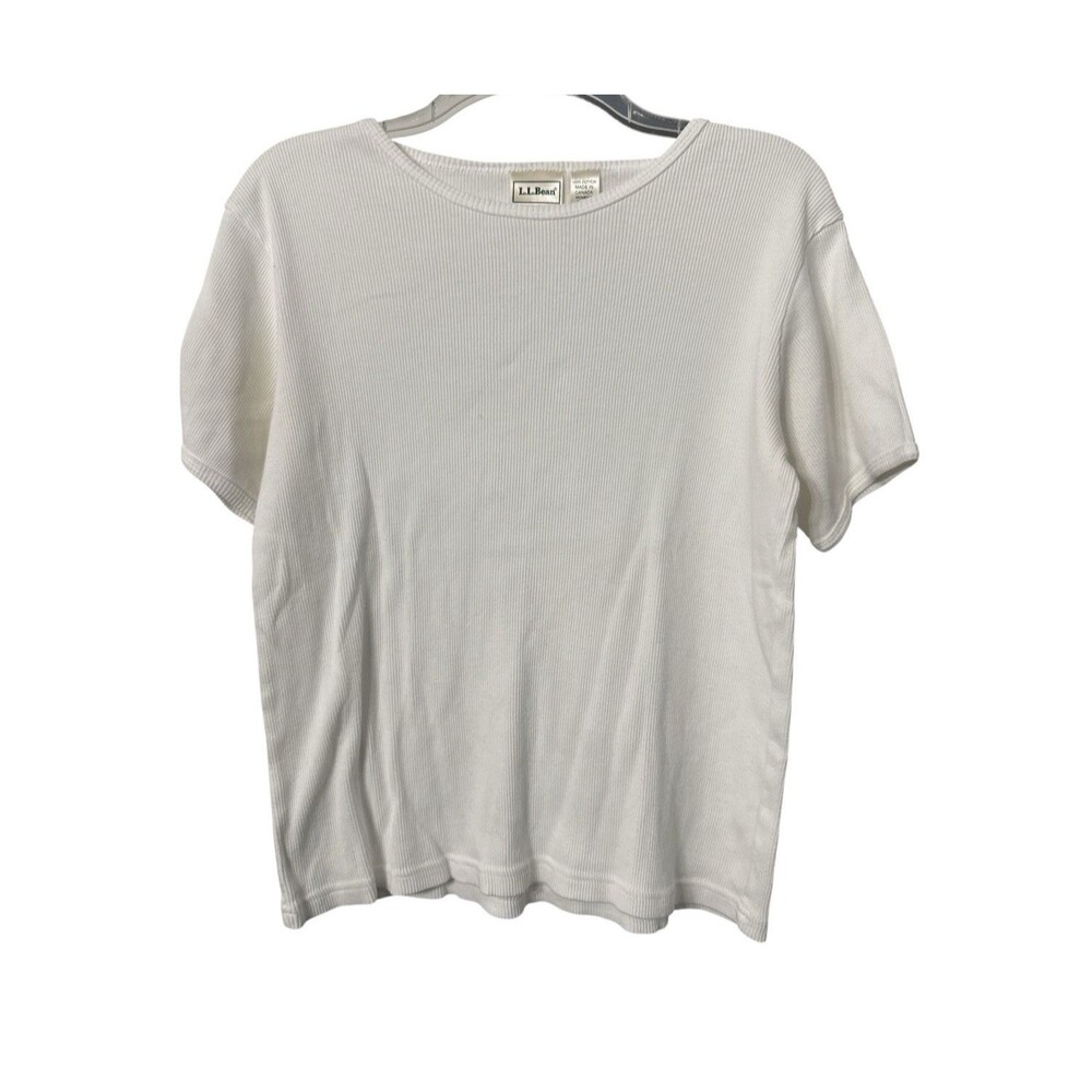Vintage L.L. Bean Ribbed White Cotton Short Sleeve Shirt Womens S Made in Canada